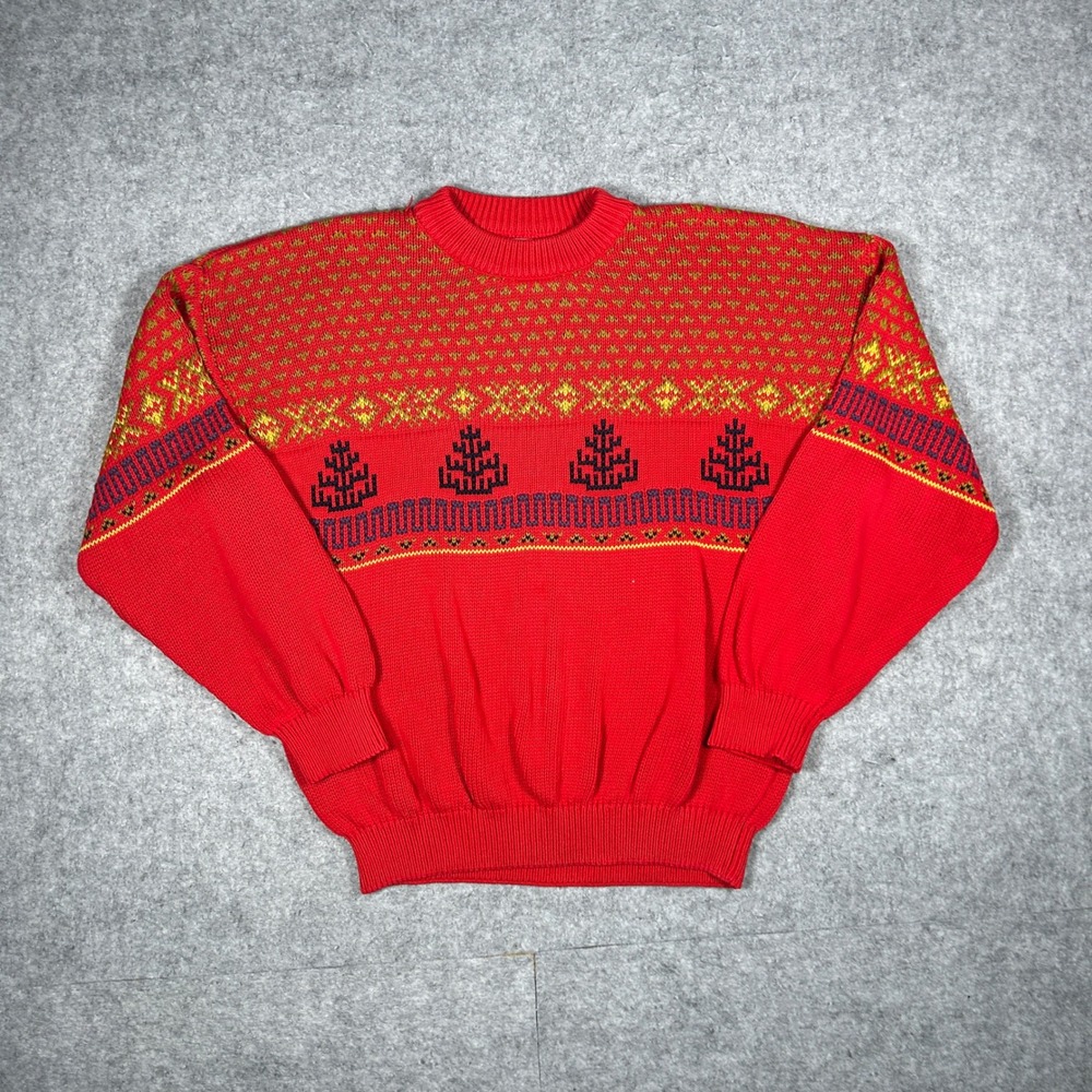 United Colors Of Benetton Sweater mens 46 Red Fair Isle Cotton Italy Vintage